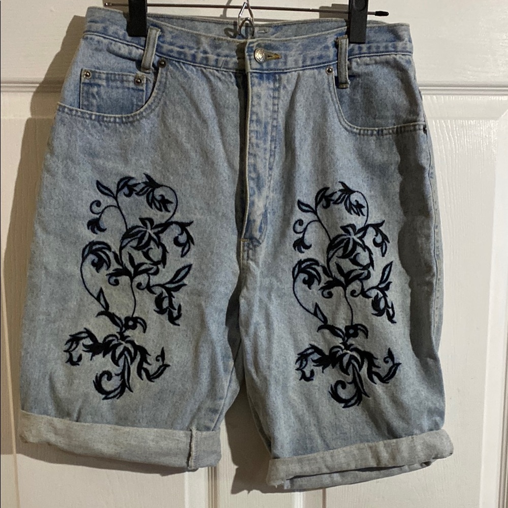 Embroidered Denim Shorts with Floral Design